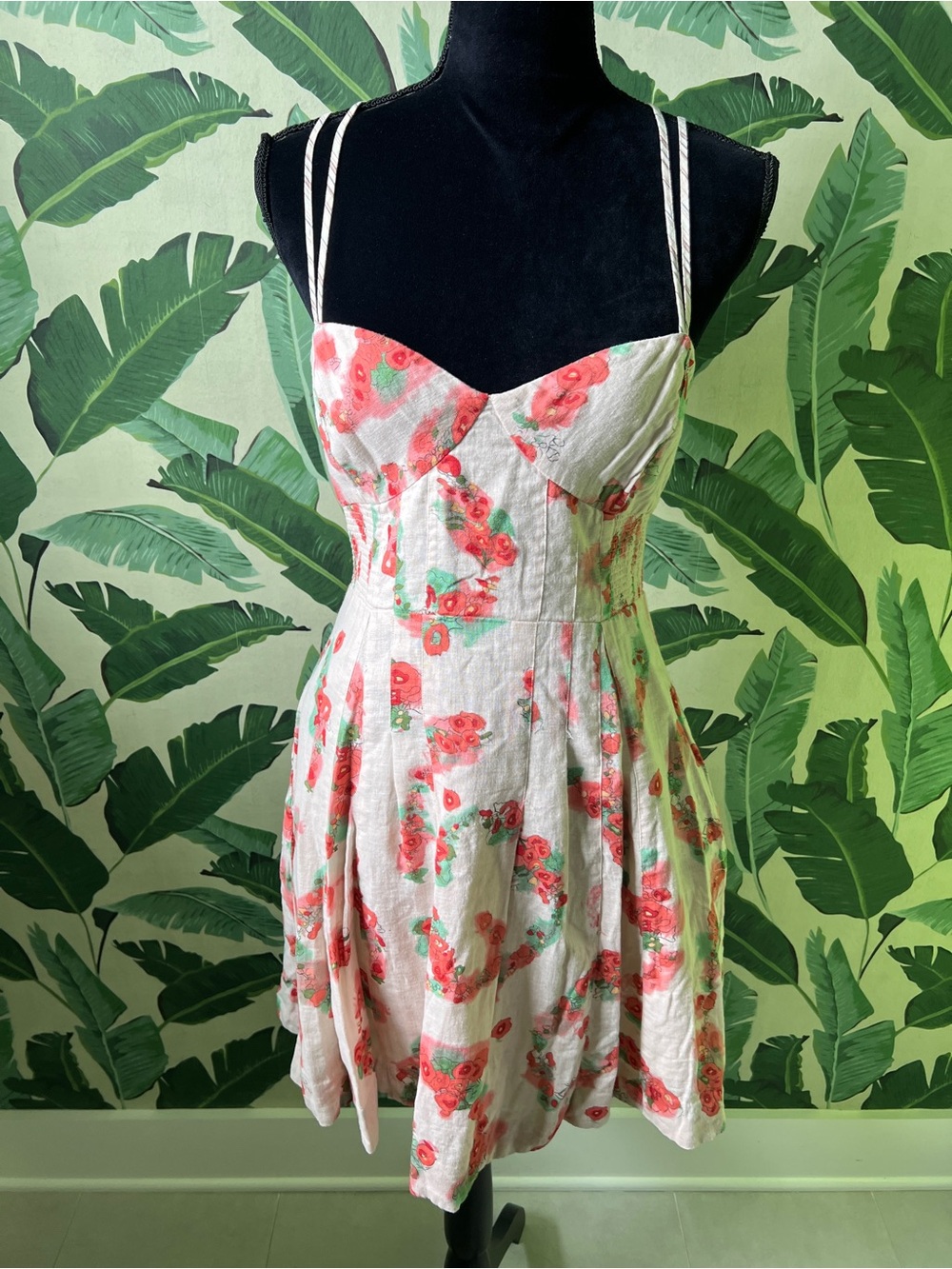 Free People Floral Linen Cotton Fit & Flare Dress Womens 12 Cream
